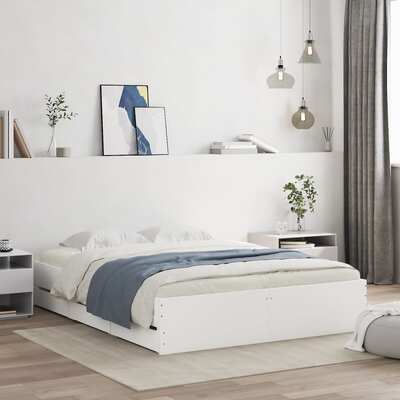 Bed Frame with Drawers-White Engineered Wood Queen