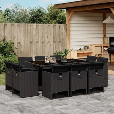 11 Piece Garden Dining Set with Cushions Black - Poly Rattan