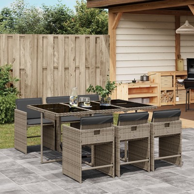 7 Pcs Garden Dining Set with Cushions Grey Poly Rattan