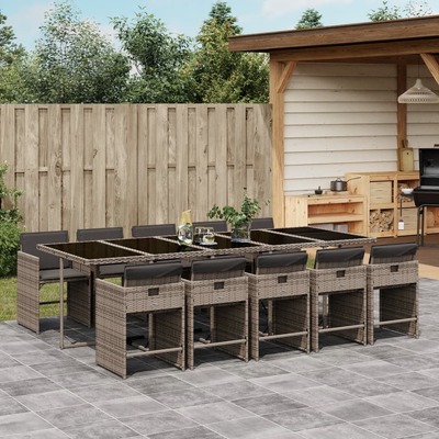 11-Piece Garden Dining Set with Cushions Grey Poly Rattan