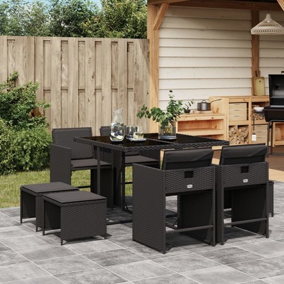 9-Piece Black Poly Rattan Garden Dining Set, Luxuriously Cushioned