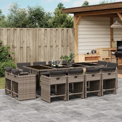 13 Piece Garden Dining Set with Cushions-Grey Poly Rattan