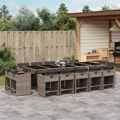 15 Piece Garden Dining Set with Cushions-Grey Poly Rattan