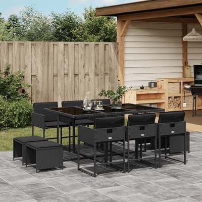 Elegance: 11-Piece Black Poly Rattan Dining Set with Plush Cushions