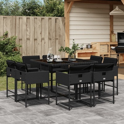 9-Piece Black Poly Rattan Garden Dining Set Adorned with Cushions