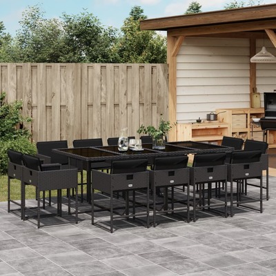 13-Piece Black Poly Rattan Set with Cushions for Stylish