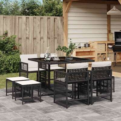 9 Pcs Garden Dining Set with Cushions Black