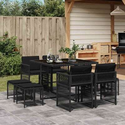 9- Piece Black Poly Rattan Dining Set with Cushions