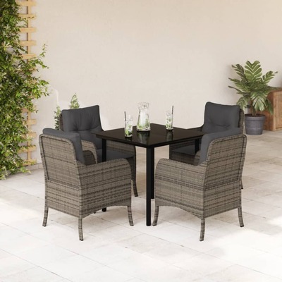 5-Pcs Garden Dining Set with Cushions Grey Poly Rattan