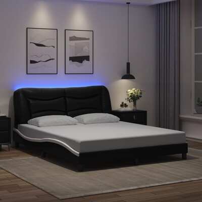 Bed Frame with LED Lights Black and White Queen Size