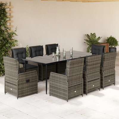 9 Piece Garden Dining Set with Cushions Grey Poly Rattan - Comfy & Chic