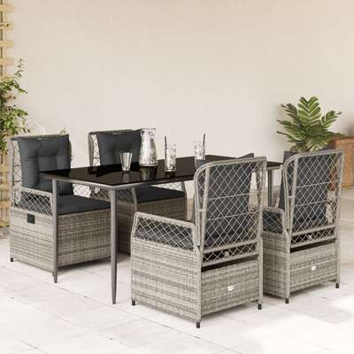 5 Piece Garden Dining Set with Cushions Grey Poly Rattan - Comfy & Chic