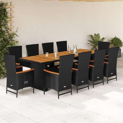 Stylish 11 Piece Black Poly Rattan Garden Dining Set with Cushions