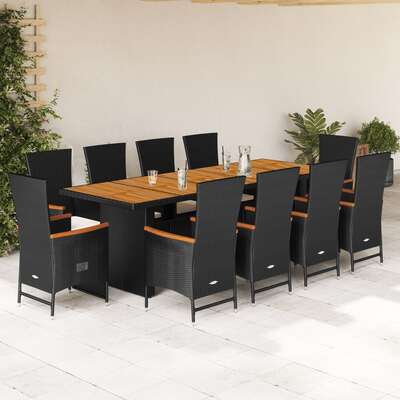 11 Piece Garden Dining Set with Cushions Furniture Black Poly Rattan