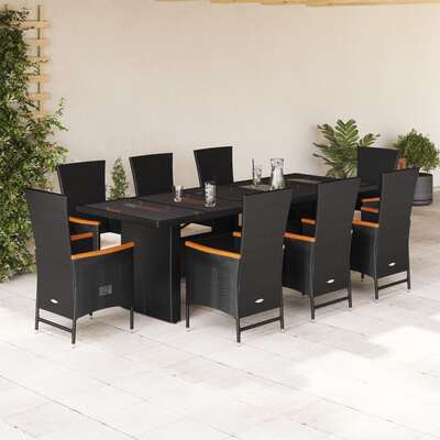Garden Dining Set with Cushions Furniture 9 Piece - Black Poly Rattan