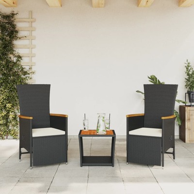 3 Pcs Garden Dining Set with Cushions Black Poly Rattan