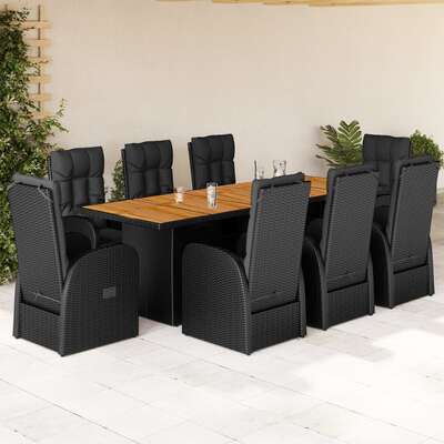 Garden Dining Set with Cushions Furniture 9 Piece Black Poly Rattan