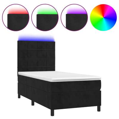 Black Box Spring Bed with LED Velvet Mattress King Single Adjustable Headboard