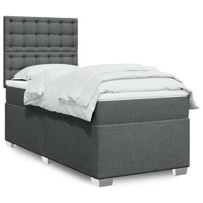 Dark grey fabric box spring bed in king single size with matching mattress