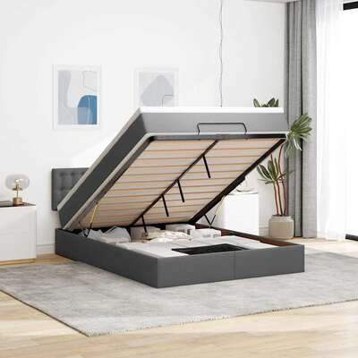 Comfortable Ottoman Bed with Mattress & LED Lights in Dark Grey  Double Fabric