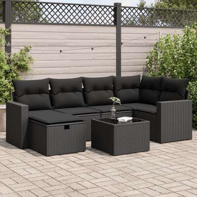 Garden Sofa Set with Cushions Modular Sofa 7 Pcs Black Poly Rattan - Relax in Style