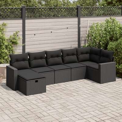 Garden Sofa Set with Cushions Modular Sofa 7 Pcs Black Poly Rattan - Elegant