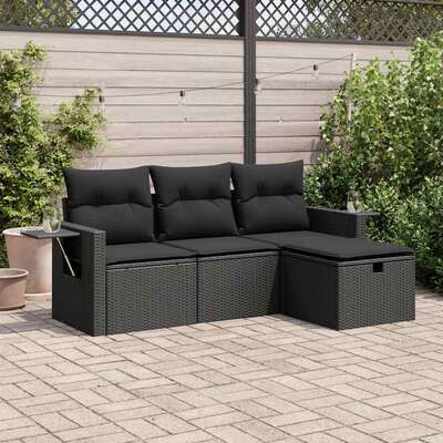Garden Sofa Set with Cushions Modular Sofa 4 Piece - Black Poly Rattan