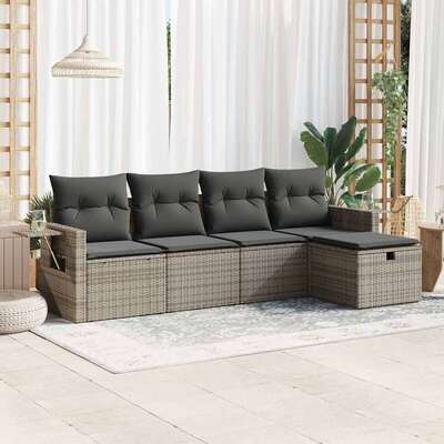 5 Pcs Garden Sofa Set with Cushions Grey Poly Rattan - Stylish & Durable