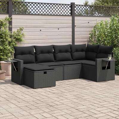 Modern Garden Sofa Set with Cushions Modular Sofa 6 Piece - Black Poly Rattan