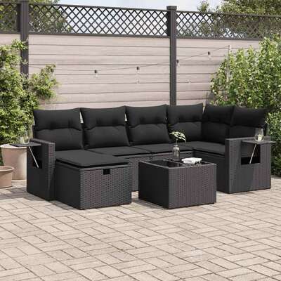 Durable and Stylish 7 Piece Garden Sofa Set with Cushions Black Poly Rattan