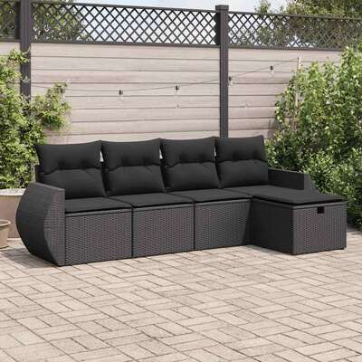 Garden Sofa Set with Cushions Modular Sofa 5 Piece - Black Poly Rattan