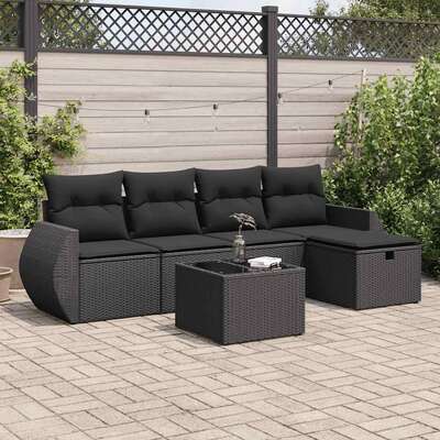 Durable and Stylish 6 Piece Garden Sofa Set with Cushions - Black Poly Rattan