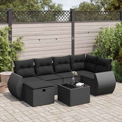 Stylish & Durable 7 Piece Garden Sofa Set with Cushions Black Poly Rattan
