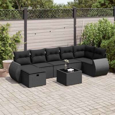 Outdoor Luxury 8 Piece Garden Sofa Set with Cushions Black Poly Rattan