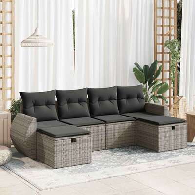 6 Piece Garden Sofa Set with Cushions Grey Poly Rattan - Outdoor Living
