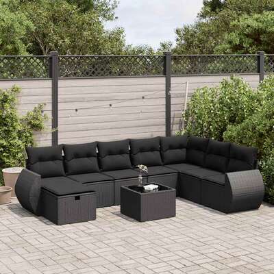 Elegant 9 Piece Garden Sofa Set with Cushions Black Poly Rattan