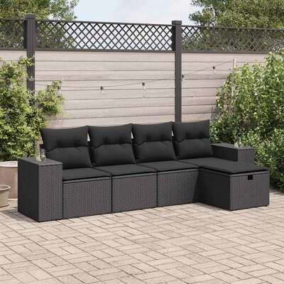5 Piece Garden Sofa Set with Cushions Black Poly Rattan - Comfy & Chic