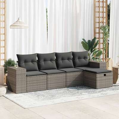 5 Piece Garden Sofa Set with Cushions Grey Poly Rattan - Outdoor Luxury