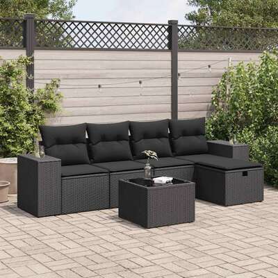 6 Piece Garden Sofa Set with Cushions Black Poly Rattan  - Comfy & Chic