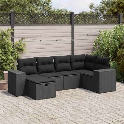 6 Pcs Garden Sofa Set with Cushions Black Poly Rattan - Perfect Outdoor