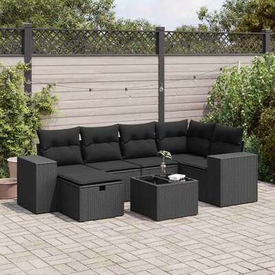 7 Piece Garden Sofa Set with Cushions Black Poly Rattan - Durable