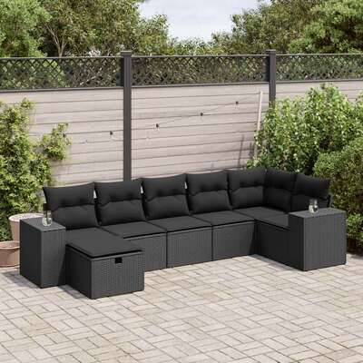 Comfort & Style Garden Sofa Set with Cushions Modular Sofa 7 Piece Black Poly Rattan