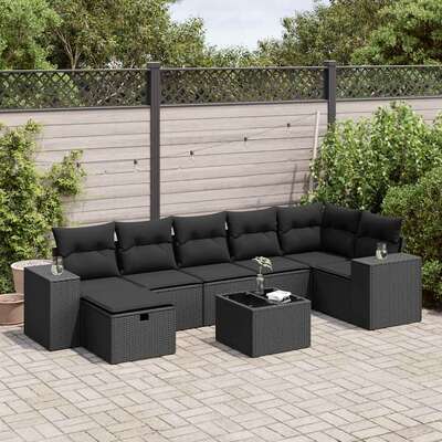 Modern 8 Piece Garden Sofa Set with Cushions Black Poly Rattan