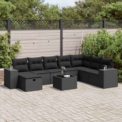 Garden Sofa Set with Cushions Modular Sofa 9 Piece Black Poly Rattan - Stylish