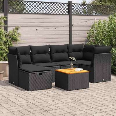 7 Piece Garden Sofa Set with Cushions Black Poly Rattan - Sleek