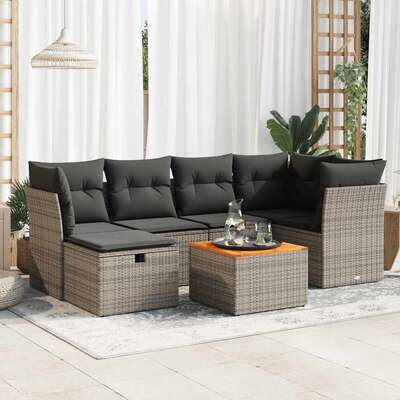 7 Pcs Garden Sofa Set with Cushions Grey Poly Rattan - Modern Outdoor