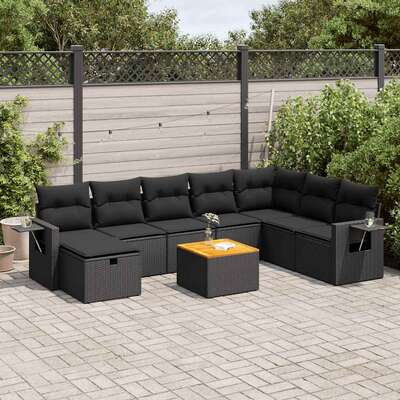 Elegant  Garden Sofa Set with Cushions Modular Sofa 9 Piece Black Poly Rattan