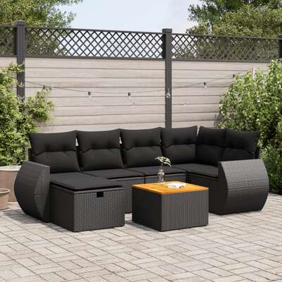 Versatile Garden Sofa Set with Cushions Modular Sofa 7 Piece Black Poly Rattan