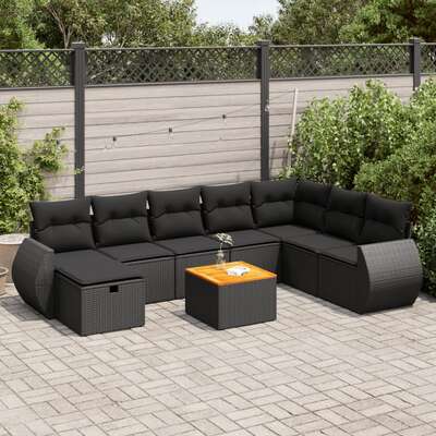Garden Sofa Set with Cushions Modular Sofa 9 Pcs Black - Poly Rattan