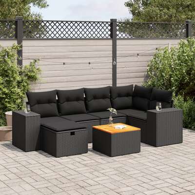 Garden Sofa Set with Cushions Modular Sofa 7 - Piece Black Poly Rattan